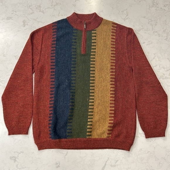 Peru Etnice 1/4 Zip Sweater Mens Size Large 100% Alpaca Striped Long Sleeve - Picture 2 of 16
